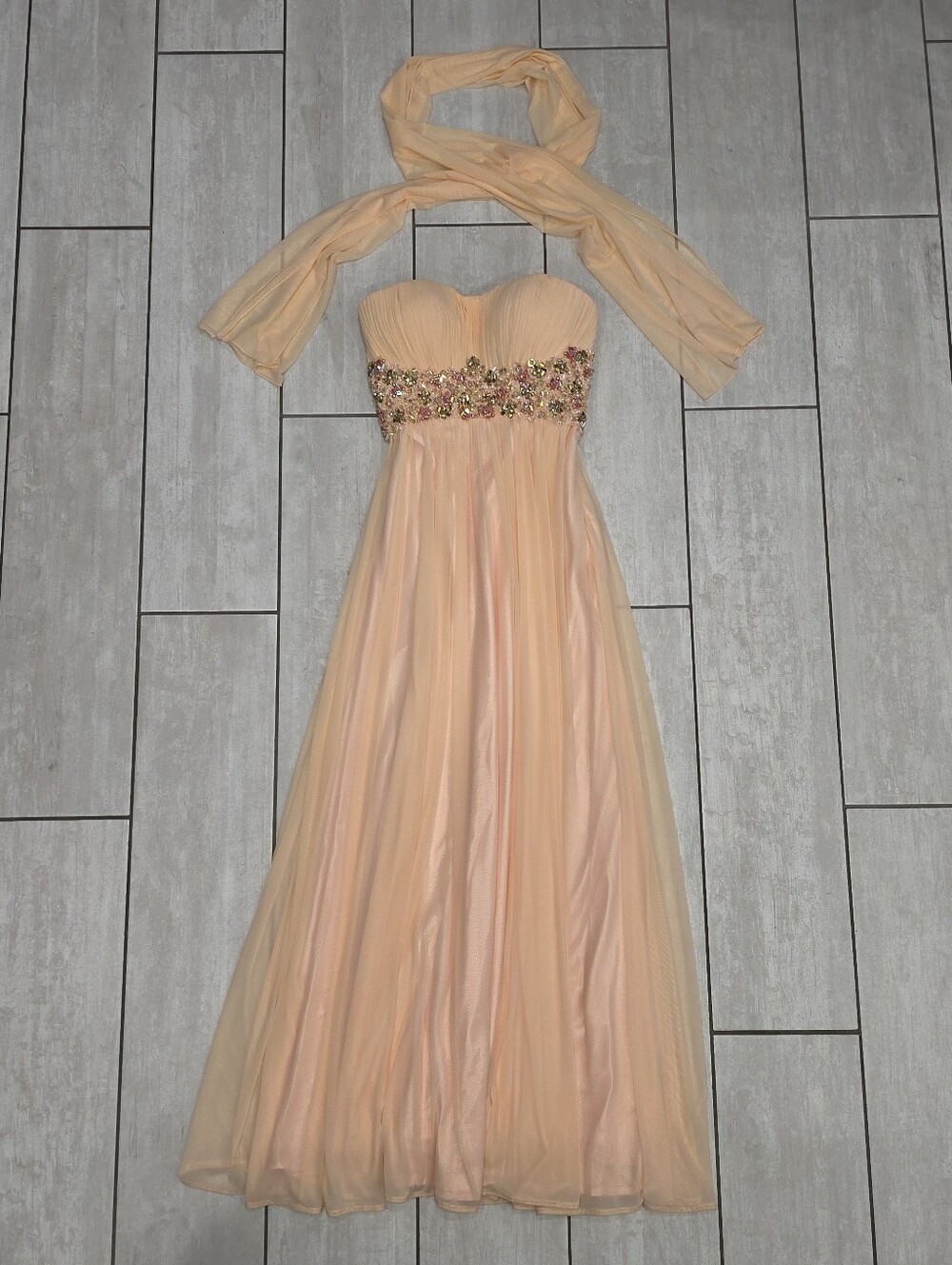 JOVANI Peach Pink Chiffon Strapless Beaded Prom Formal Evening Gown w/ Scarf